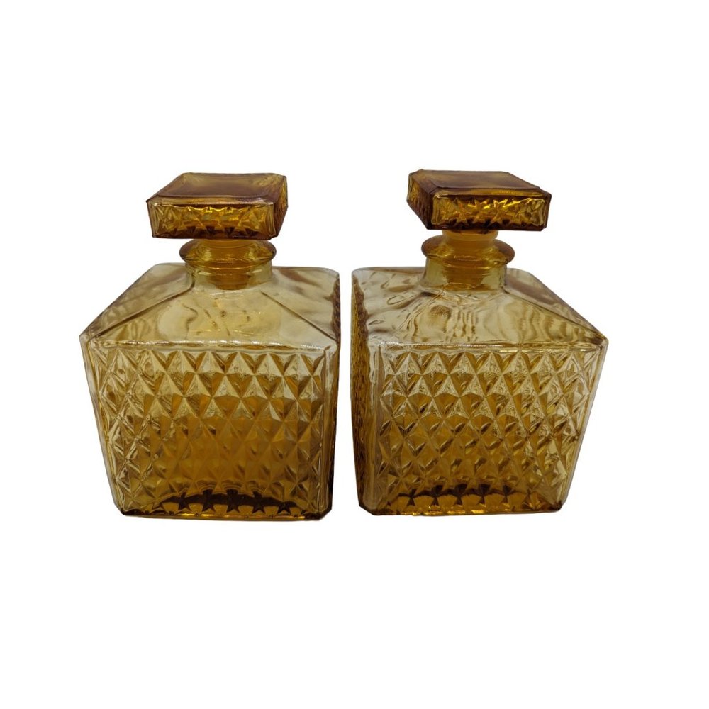 Vintage Set of 2 MCM Amber Square Diamond Point Decanters W/ Glass Stoppers